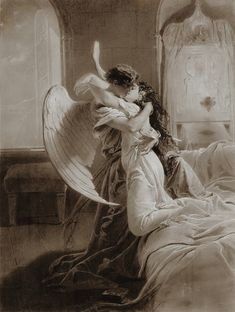 an angel is hugging a woman on the bed