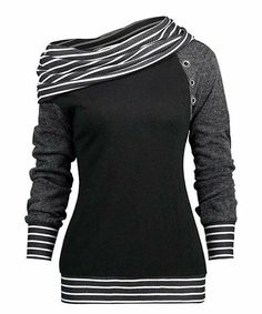 Black & Gray Stripe-Contrast Button-Detail Asymmetrical Top size L Cheap Sweaters Online, Tunic Tops Casual, Casual Tunics, Striped Hoodie, Asymmetrical Tops, Women Pullover, Striped Long Sleeve, Black Blouse, Long Sweatshirt