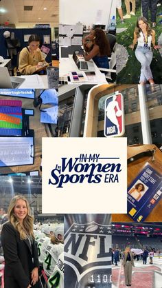 women in sports era collage with people on the sidelines and logos above them