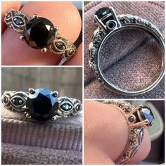 four different views of an engagement ring with black diamonds on the side and in between