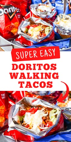 some tacos are sitting on top of each other with the text super easy doritos walking tacos