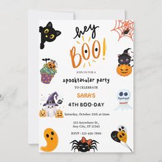 a halloween party with pumpkins, bats and ghost faces on it's white card