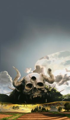 a painting of a skull in the middle of a field