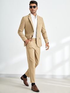 Khaki Work Collar Long Sleeve  Plain  Embellished Non-Stretch  Men Suits & Separates Khaki Suit Men, Casual Cocktail Attire, Men Formal Outfit, College Boy, Costume Beige, Mens Business Casual, Khaki Suit, Cream Suit, Suit Combinations