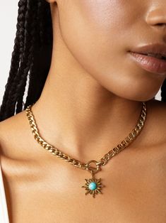 My curb chain necklace is a versatile accessory that perfectly complements both casual and dressy outfits. The turquoise pendant resembling a stylized version of the sun adds a stunning visual touch, bringing flair to your everyday look. The sun pendant necklace is crafted from stainless steel, with top-notch 18k gold plating that guarantees a luxurious appeal. This versatile piece is a great gift option for fashionable ladies that love trendy pieces. Comes with a toggle clasp for easy removal. Gold Sun Necklace, Sun Necklace, 18k Gold Chain, Sun Pendant, Crescent Moon Earrings, Chunky Chain Necklaces, Toggle Necklace, Vintage Inspired Jewelry, Necklace Chunky