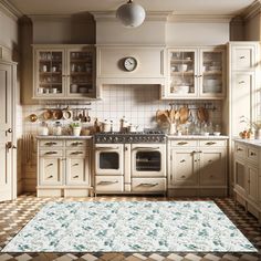 a kitchen with an area rug in front of the stove and cabinets on the wall