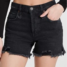 Free People “We The Free” Size 24 Black Wash Button Fly Boho Distressed Frayed Hem 100% W 4” Inseam Cotton Jean Shorts High Waist Button Fly Front Closure 5 Pockets Belt Loops Frayed Hem And Belt Loops 2” Side Slits On Bottom Leg Faded Look Washed Back 100% Cotton Denim Fabric Excellent Nwt Condition! No Flaws! Front Rise 10” Waist From Side To Side 14 1/2” Hip From Side To Side 18 1/2” Inseam Length 4” Leg Opening From Side To Side 11” 1690 Edgy Black Bottoms With Button Closure, Fitted Washed Black Cutoff Bottoms, High Rise Washed Black Bottoms With Button Closure, Black High Rise Shorts With Button Closure, Washed Black Mid-rise Bottoms With Button Closure, Black Cutoff Bottoms With Frayed Hem, Mid-rise Washed Black Bottoms With Button Closure, Red Denim Shorts, Cutoff Jean Shorts