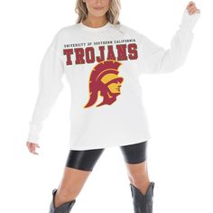 Embrace USC Trojans spirit in ultimate comfort with this Gameday Couture Big Goals Long Sleeve T-Shirt. The oversized fit and dropped shoulders create a casual, comfy look that's perfect for game day or any day. Plus, the midweight fabric makes it ideal for layering as the weather cools down. Oversized Sporty T-shirt For Fall, Relaxed Fit School Spirit T-shirt For Fall, Collegiate Oversized Top With Graphic Print, Oversized Collegiate Top With Graphic Print, Oversized Collegiate Cotton Top, Oversized Long Sleeve Fan Apparel Tops, Oversized Cotton Collegiate Top, Oversized Collegiate Long Sleeve Top, Oversized Tops For School Spirit In Fall