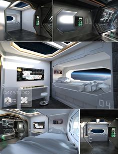 the interior of a futuristic space ship is shown in four different views, including one bed and