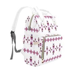 a white backpack with pink and yellow designs on it's front flaps open