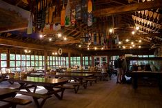 a large room with many tables and benches