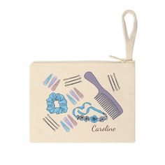 a bag with hair accessories on it and the words carinone written in blue