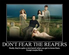 a group of people standing next to each other in front of tombstones with the caption don't fear the reapers