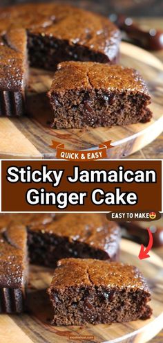 sticky jamaican ginger cake on a plate with the words quick and easy in front of it