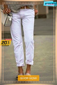 White Casual Cotton-blend Fashion Solid Pants Casual Straight Jeans For Day Out, Trendy White Tapered Leg Pants, Trendy Ankle-length Jeans For Summer, Trendy Ankle-length Summer Jeans, Mid-rise Solid Color Pants For Spring, Summer Workwear Ankle-length Jeans, Straight Jeans For Spring, Straight Jeans For Spring Day Out, Ankle-length Jeans For Summer Workwear