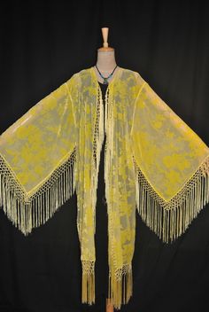 Classic Golden Yellow Burnout Velvet Kimono Fringe Jacket Coat Kimono Stunning Opera Coat, Buttercup Yellow, Velvet Kimono, Fringe Kimono, Kimono Coat, Kimono Duster, Burnout Velvet, Custom Shades, Hand Dyed Fabric