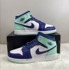 New Air Jordan 1 Mid Gs Blue Mint Size 6.5y = Womens 8 Color Mystic Navy, Mint Foam White White Smooth Leather Upper, Navy Overlays Swoosh Lining And Laces, Mint Green Hue On Heel, Ankle And Rubber Outsole, White Midsole Brand New, Never Worn, With Original Box 100% Authentic Blue And White Jordans, Nike Aesthetic, Olive Sneakers, Air Jordan 1 Mid Gs, Custom Sneakers Diy, Air Jordans Women, Nike Outfit, Blue Jordans, All Nike Shoes