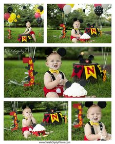 a baby is sitting in the grass with mickey mouse cake and balloons on it's face