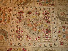 The Greek Institute Table cover from Mytilene/Chios - a patchwork of motifs joined by Venetian-style lace Ottoman Embroidery, Naive Art, Table Cover, Table Covers, Dance Costumes, Flower Painting, Flower Art, Folk Art