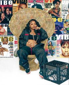 a woman sitting on top of a wicker chair in front of a magazine cover