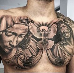 a man's chest with an eagle and jesus tattoo on it