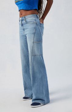 Eco Stretch Medium Indigo Paneled Wide Leg Jeans Jeans Pacsun, Pacsun, Wide Leg Jeans, Leg Jeans, Wide Leg, Blue