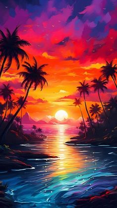 sunset painting with palm trees and water