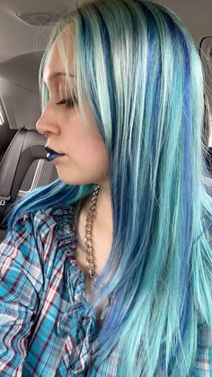 #bluehaircolor #alternative #bluehair #blue #girl #makeup #chunkyhighlights #cutehair #cute #emo #emogirl Blue Hair With Blue Highlights, Blue Calico Hair, Emo Braids, Green And Blue Hair, Hair Styles Braids, Styles Braids, Hair Color Streaks, Blue Girl, Hair Streaks