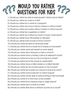 a question sheet with the words would you rather have questions for kids?