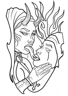 a drawing of two women hugging each other with flames coming out of their mouths and hands