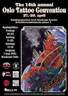 an event poster for tattoo convention with fish and flowers on the front, in black background