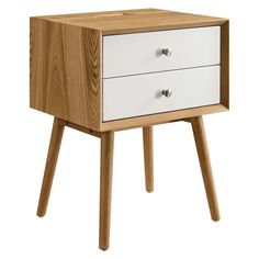 a white and wood nightstand with two drawers on one side, against a white background