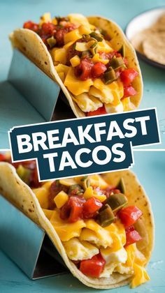 two breakfast tacos on a blue plate with the words breakfast tacos over them