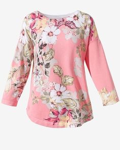 Captivating Boat-Neck Sweater Pink Floral Print Top With 3/4 Sleeves, Pink Floral Print Tops With 3/4 Sleeves, Boatneck Sweater, The Rack, Dresses Pants, Boat Neckline, Womens Designer Fashion, Pants Jeans, Women Pullover