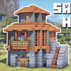 an image of a house made out of wood and stone with the words minecraft how to