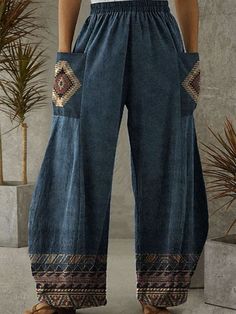 Casual Wide-leg Patchwork Bottoms, Casual Patterned Bottoms For Fall, Casual Patterned Fall Bottoms, Casual Fall Patterned Bottoms, Non-stretch Casual Printed Pants, Bohemian Non-stretch Straight Leg Bottoms, Bohemian Blue Pants For Fall, Bohemian Straight Leg Non-stretch Bottoms, Casual Patterned Bottoms With Pockets