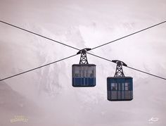 two ski lift cars with birds sitting on them