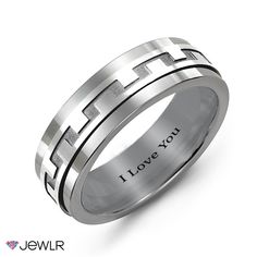 Live an active lifestyle without the worry of ruining your ring. This tungsten ring features a unique geometric design encircling the band in the metal of your choice for a modern look that will appeal to most men. All gold is available in various combinations of colors, and with a choice of 7mm, 9mm, and 11mm widths, it's easy to find your favorite style. Engrave the inside band of the ring for that added personalized touch. Due to the nature of tungsten, we cannot offer any resizing on this ri Puzzle Jewelry, Engraved Engagement Ring, Conversion Table, Infinity Jewelry, Monogram Ring, Wolfram, Initial Ring, Table 2, Tungsten Ring