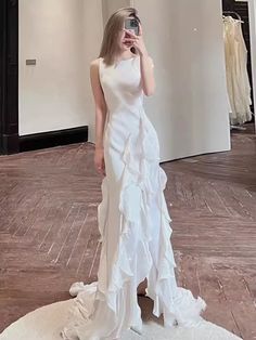 White Prom Dresses, Backless Bridal Gowns, White Prom, White Bridal Dresses, Ruffle Wedding Dress, Preppy Dresses, Back Wedding Dress, White Prom Dress, Long Wedding Dresses