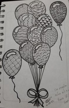 a drawing of some balloons in the air with a bow on it's head