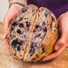 a person holding a loaf of blueberry bread