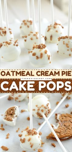 cake pops with marshmallows on top and the words oatmeal cream pie in the middle