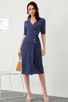 Zapaka Women Navy Polka Dots Wrap Dress Short Sleeves Button Midi Summer Dress – ZAPAKA Polka Dot Dress Outfit Summer, Polka Dot Dress Outfit, Summer Wrap Dress, Wrap Dress Short, Summer Wraps, Autumn Casual, Elegant Dresses For Women, Midi Dress Summer, Casual Work Outfits