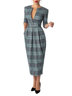 “Derby” Green Brushed Plaid Tulip Dress – FKSP Tulip Silhouette, Lilac Crop Top, Bishop Sleeve Dress, La Fashion District, Plaid Jumpsuit, African Prom Dresses, Derby Dress, Plaid Pencil Skirt, Tulip Dress