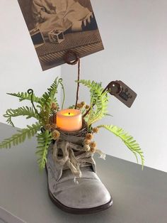 a plant in a shoe with a candle