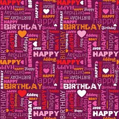 happy birthday word collage in pink and red with hearts on the bottom, surrounded by other words