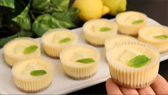 small cupcakes on a white plate with green leaves and lemons in the background