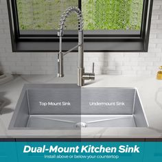 a kitchen sink with the words dual - mount kitchen sink above it and below it