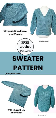 A V-Neck crochet sweater is shown with a ribbed hem and around the V.  The same sweater is show without working a ribbed hem and around the V Crochet Chunky Sweater, Chunky Sweater Pattern, Free Crochet Sweater, Crochet Sweater Pattern, Crochet Sweater Pattern Free, Crochet Terms, Taking Shape