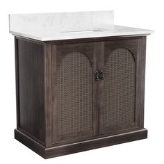 a bathroom vanity with a white sink and brown wood cabinetry, on an isolated white marble countertop